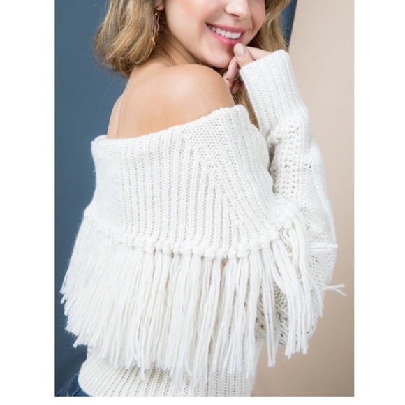 Off White Off Shoulder Fringe Boho Sweater - Picture 3 of 5